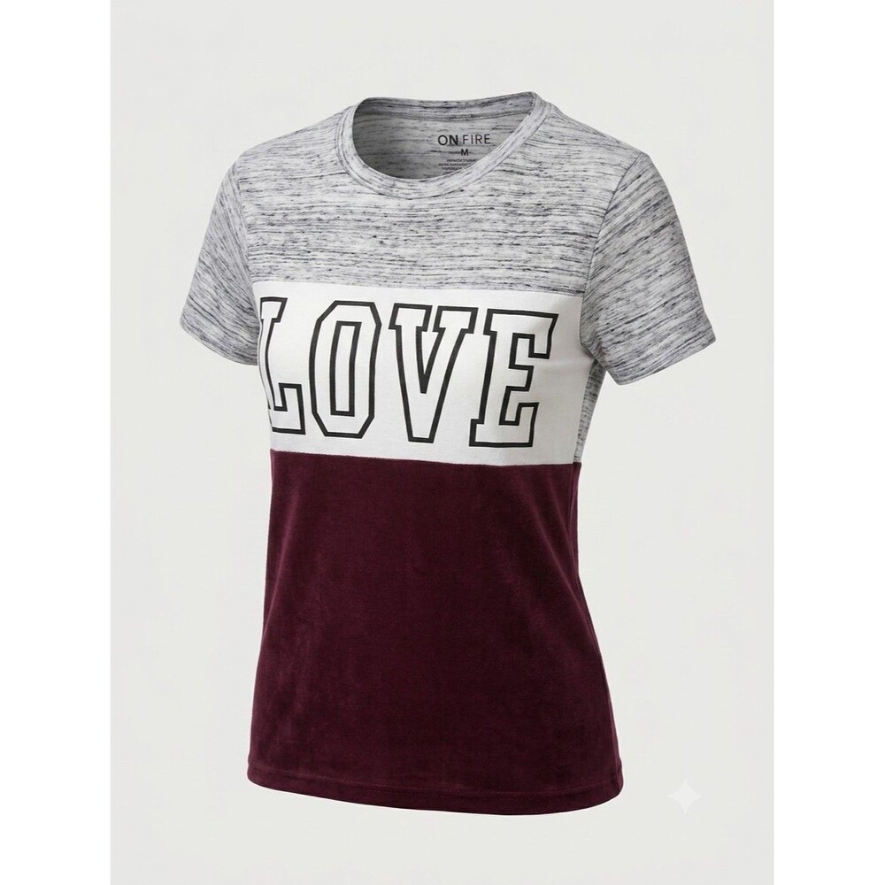 On Fire Love  Graphic Size M Colorblock T-Shirt Grey Burgundy Faux Suede Women